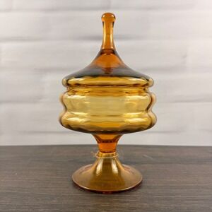 Empoli Amber Glass Circus Tent Covered Candy Dish Pedestal MCM